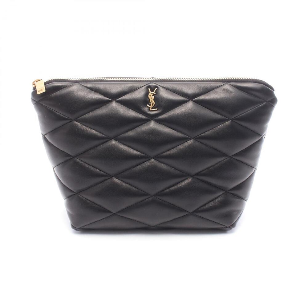 Saint Laurent Paris Sad Cosmetic Bag Pouch Lambskin Leather Black